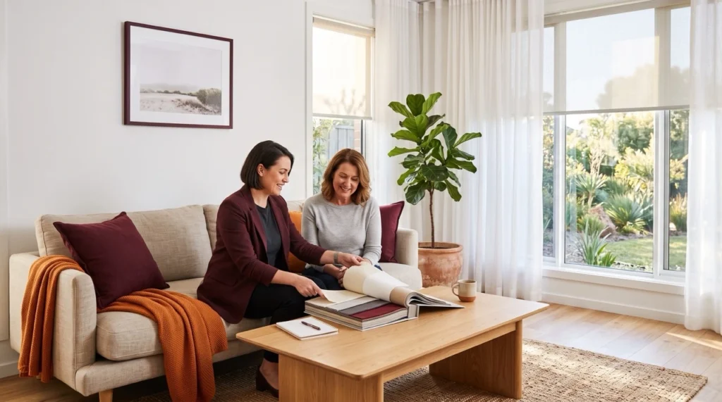 Blinds FAQ Melbourne - IMEKO Blinds design consultant presenting fabric samples during free in-home consultation in a bright modern Melbourne living room with custom window furnishings