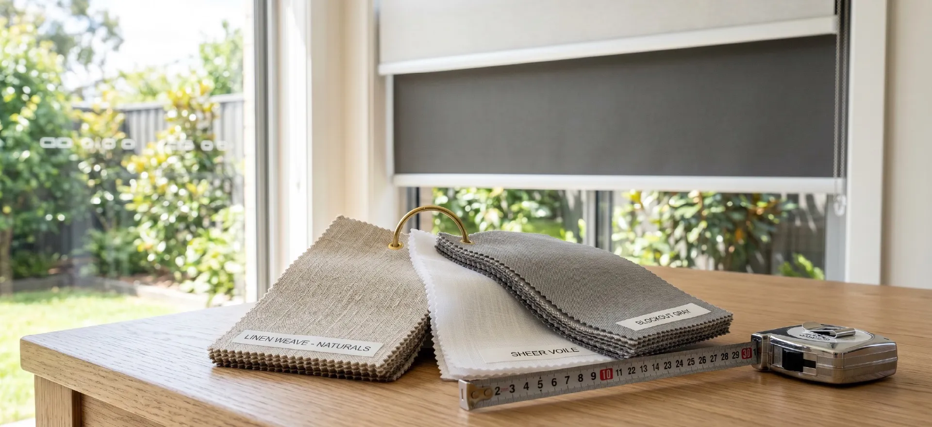 IMEKO Blinds mobile showroom displaying fabric swatches, colour samples, and operating systems for custom blinds, shutters, and curtains in Melbourne