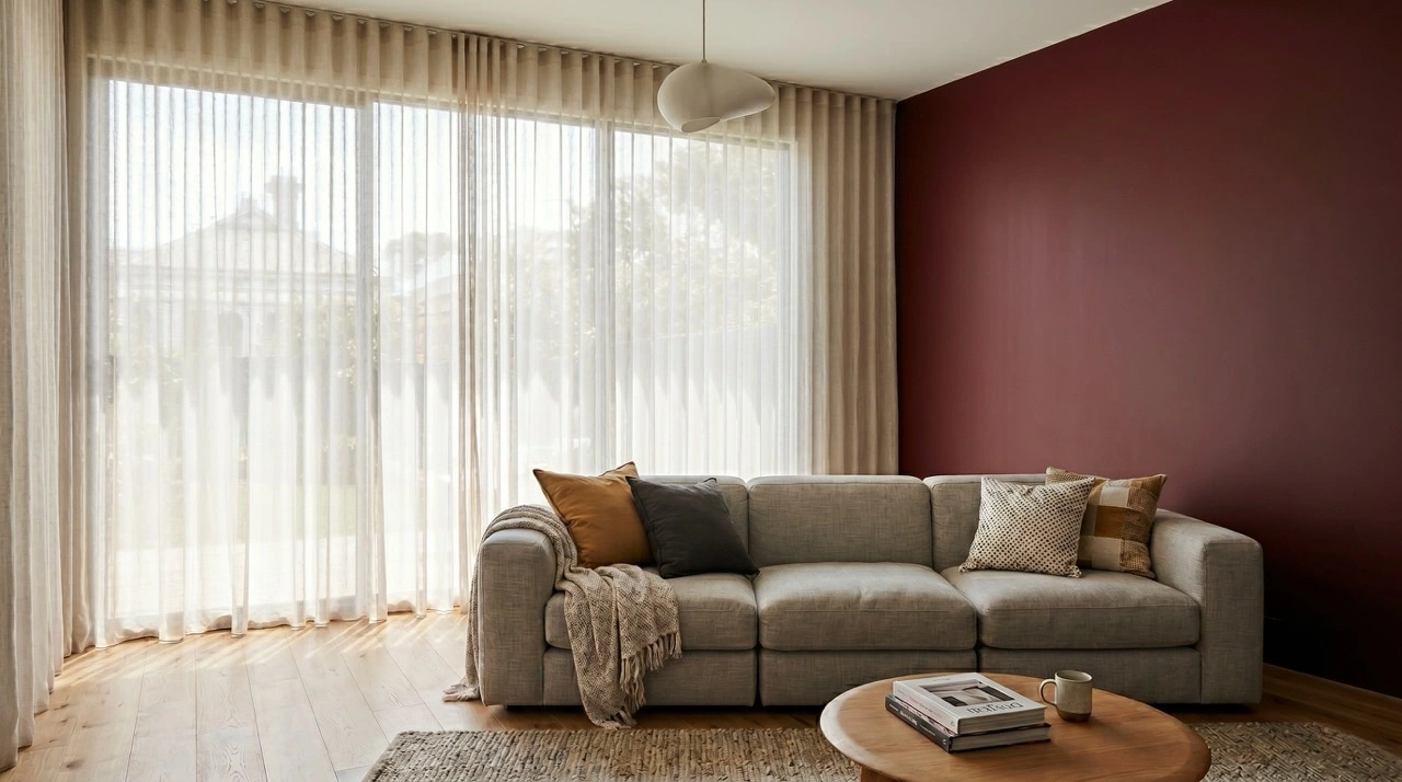 Elegant Melbourne living room featuring custom sheer curtains and layered drapes by IMEKO Blinds, warm natural light, deep maroon accent wall, beige sofa, and light oak timber flooring - premium blinds shutters curtains Melbourne
