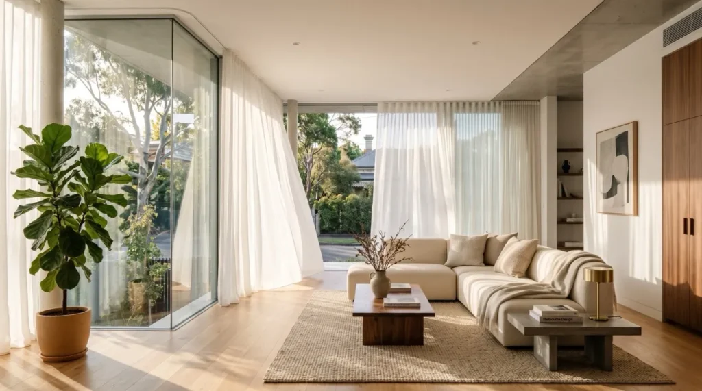 Learn about IMEKO Blinds Melbourne: Spacious modern Melbourne living room featuring custom floor-to-ceiling sheer curtains by IMEKO Blinds, allowing natural light while maintaining privacy - beige sofa, timber floors, and indoor greenery