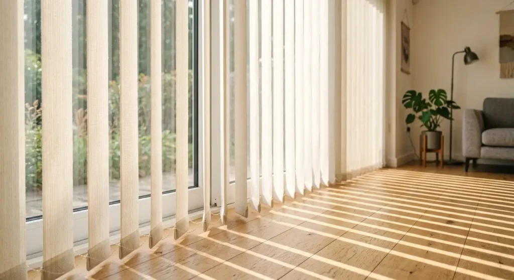 Close-up of partially tilted vertical blind slats filtering and adjusting direct afternoon sunlight into a modern room