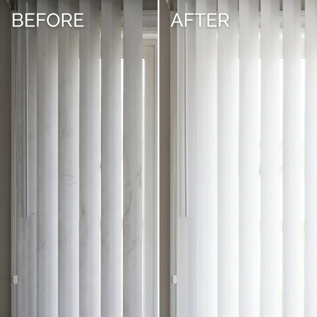 A side-by-side split screen showing a dusty, grey vertical blind slat on the left versus a bright, pristine, freshly cleaned white vertical blind slat on the right.