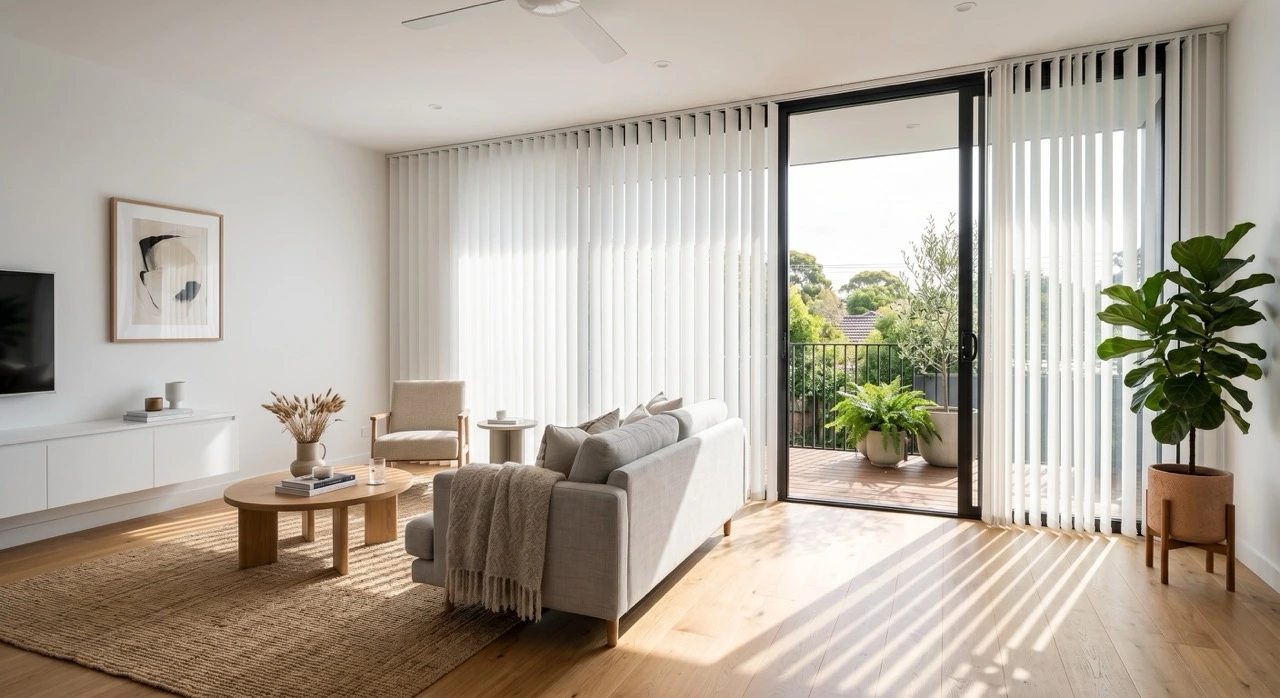 A bright, modern Melbourne living room featuring clean white vertical blinds on a large glass sliding door filtering soft natural light onto a hardwood floor.