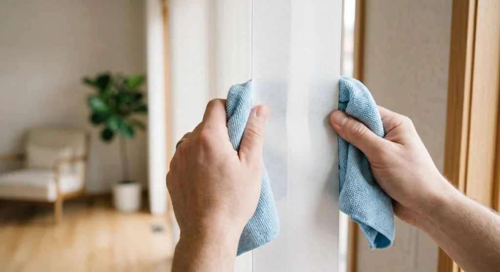 A close-up of a person's hands using the sandwich technique with two microfibre cloths to wipe down both sides of a white vertical blind slat simultaneously from top to bottom.