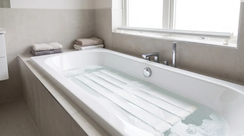 White vertical blind slats unhooked and submerged in a clean white ceramic bathtub filled with warm, soapy water during an annual deep clean.