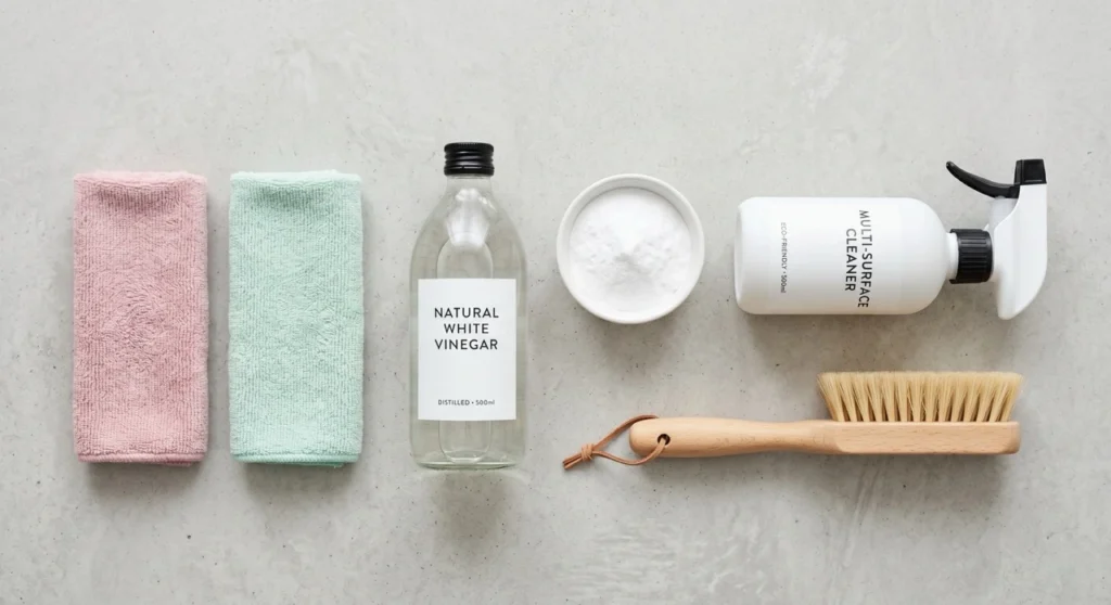 A minimalist flat-lay of essential blind cleaning tools including microfibre cloths, a glass bottle of white vinegar, a small bowl of bicarb soda, and a soft brush arranged neatly on a grey surface.