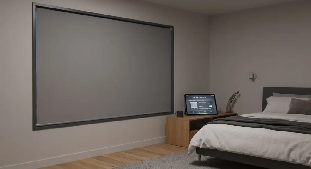 A seamless neutral blockout roller blind fully lowered on a bedroom window for maximum privacy and simplicity