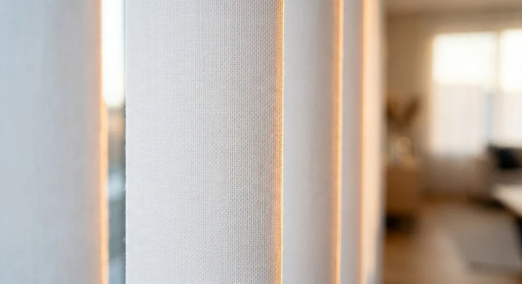 A macro close-up highlighting the high-quality, anti-static textured weave of clean white fabric vertical blind slats illuminated by warm afternoon light.