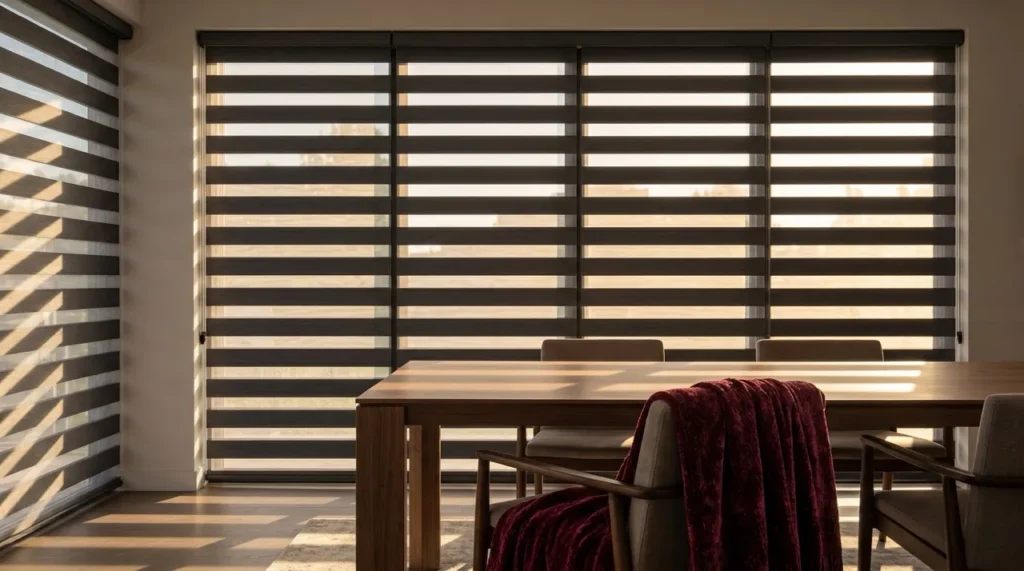Elegant dining room with custom horizontal blinds - Melbourne home interior