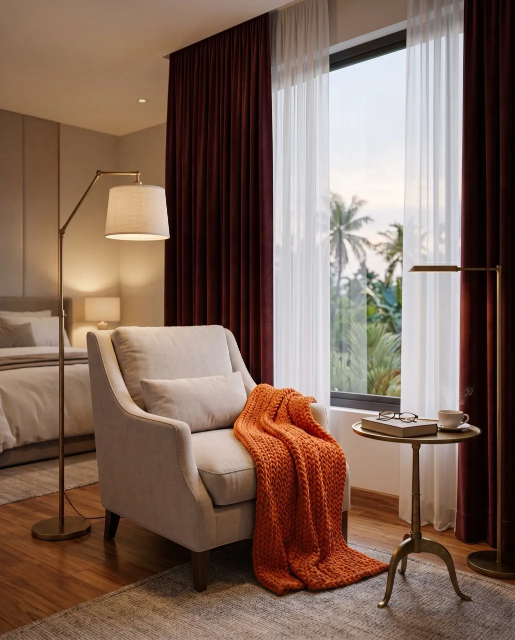 Cozy living room with custom curtains and designer armchair - request your free quote