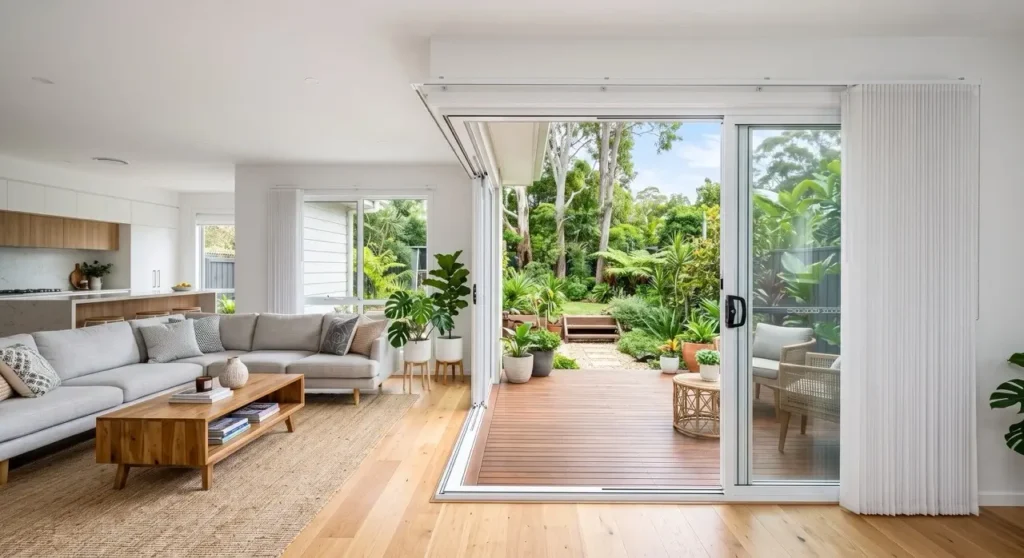 Crisp white vertical blinds stacked neatly to the side of a large open glass sliding door, showcasing easy access to a backyard deck