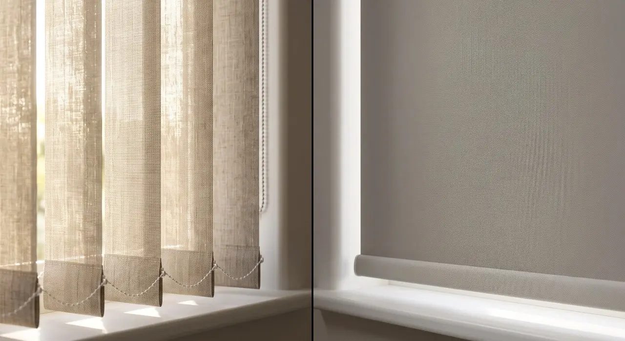 A detailed macro side-by-side comparison Vertical Blinds vs Roller Blinds the light-filtering effect of angled vertical slats next to the solid coverage of a lowered roller blind