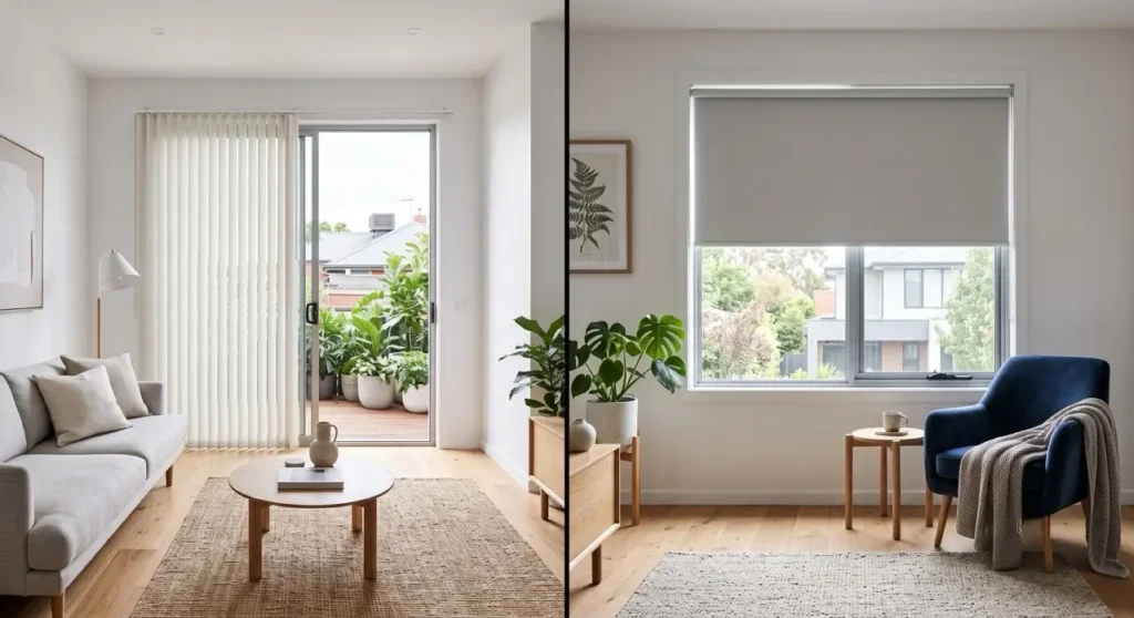 A split-view comparison showing Vertical Blinds vs Roller Blinds: Which Is Right for Your Melbourne Home.