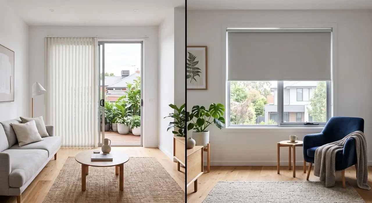 Home 9 A split-view comparison showing Vertical Blinds vs Roller Blinds: Which Is Right for Your Melbourne Home.