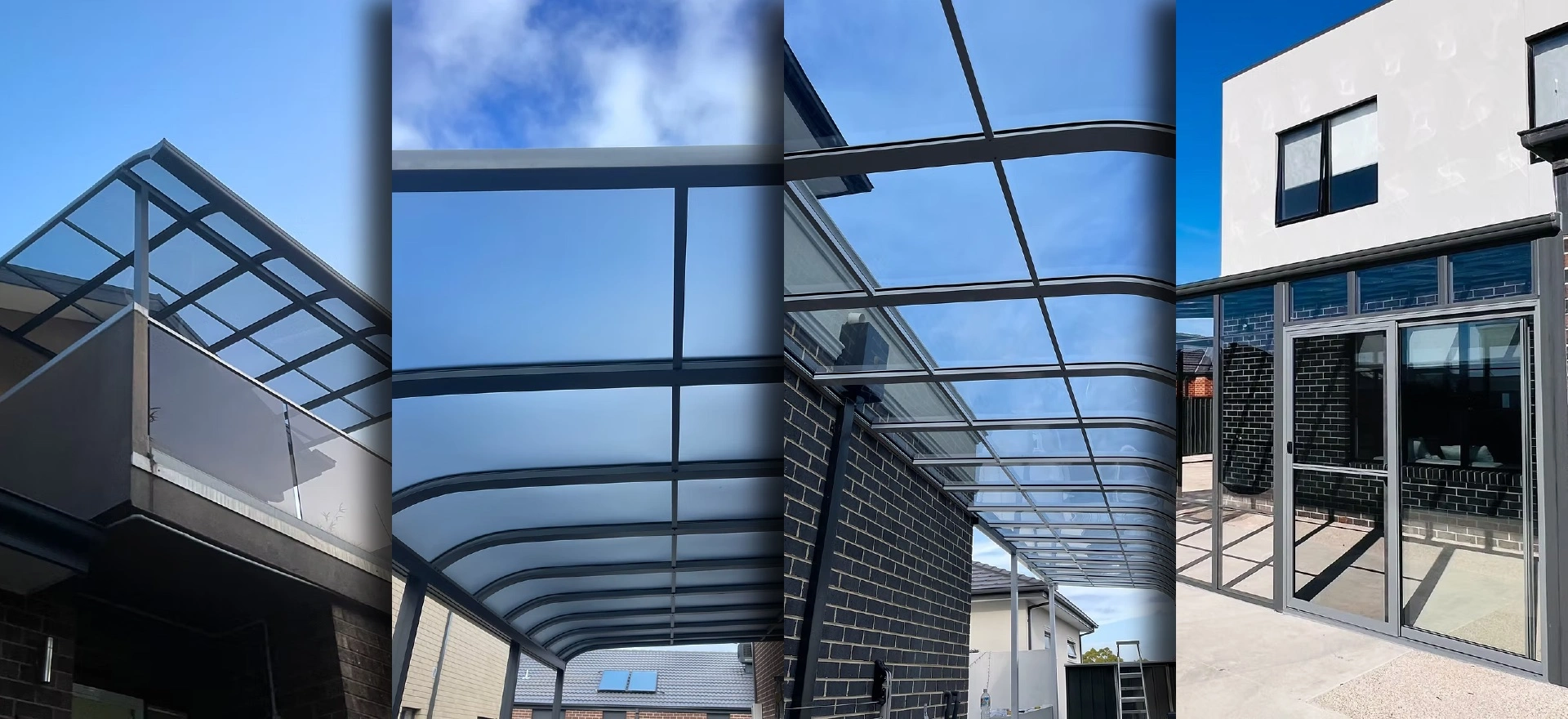 Four views of modern custom aluminium pergolas with powder-coated frames and protective roof shades attached to contemporary residential brick homes.