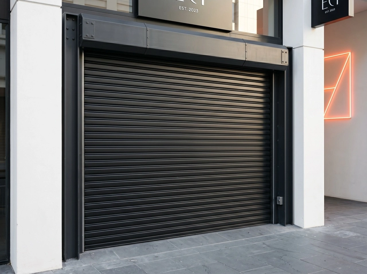 Black commercial roller shutters Melbourne on a modern retail storefront with reinforced steel frame and security locking system