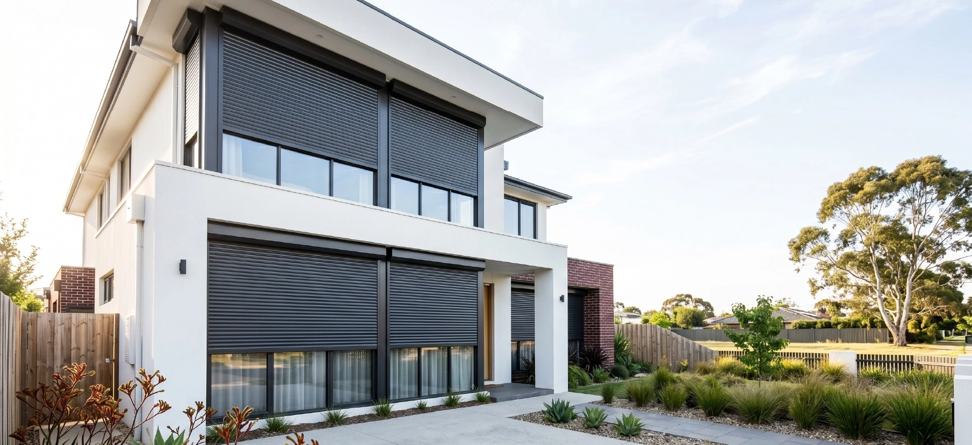 Charcoal residential roller shutters Melbourne on a modern two-storey family home with landscaped front garden and timber fencing