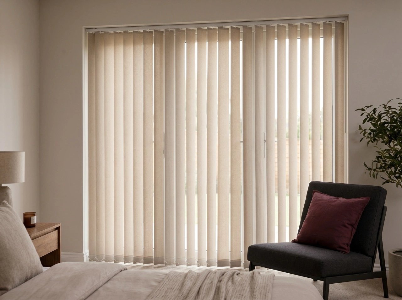 Cream fabric vertical blinds Melbourne in a warm bedroom with sliding door, charcoal armchair and burgundy cushion accent