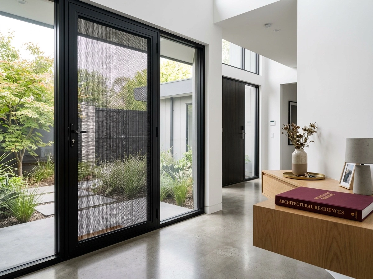 Crimsafe security doors Melbourne with black mesh frame in a modern architectural home with polished concrete and garden courtyard