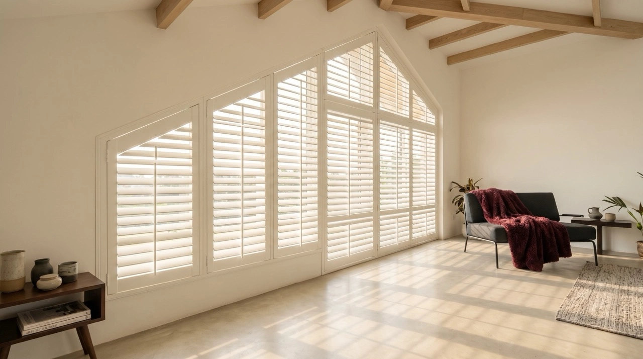 Custom plantation shutters Melbourne fitted to angled and arched windows in a bright modern living room with exposed timber beams