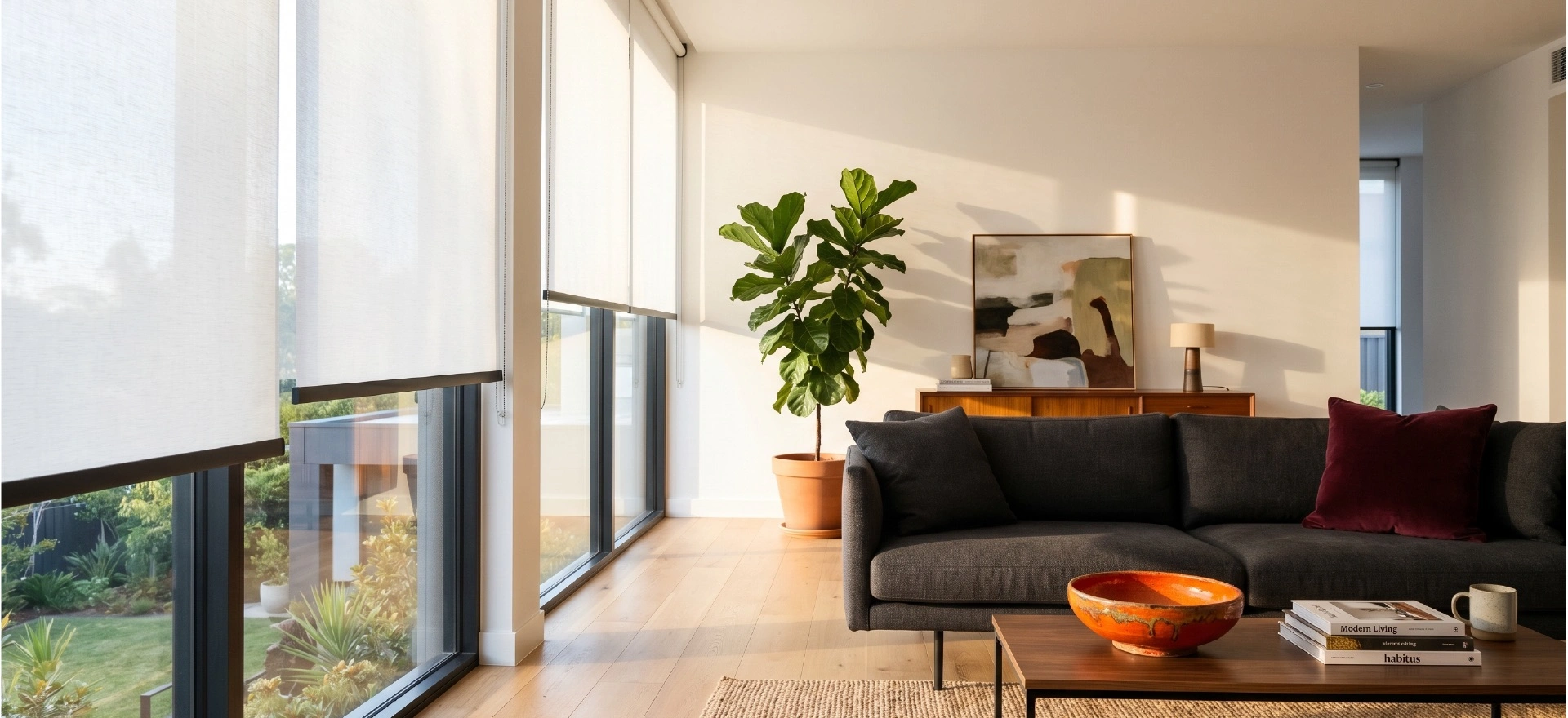 Roller Blinds 1 Sunscreen roller blinds Melbourne filtering natural light in a bright modern living room with charcoal sofa and garden views