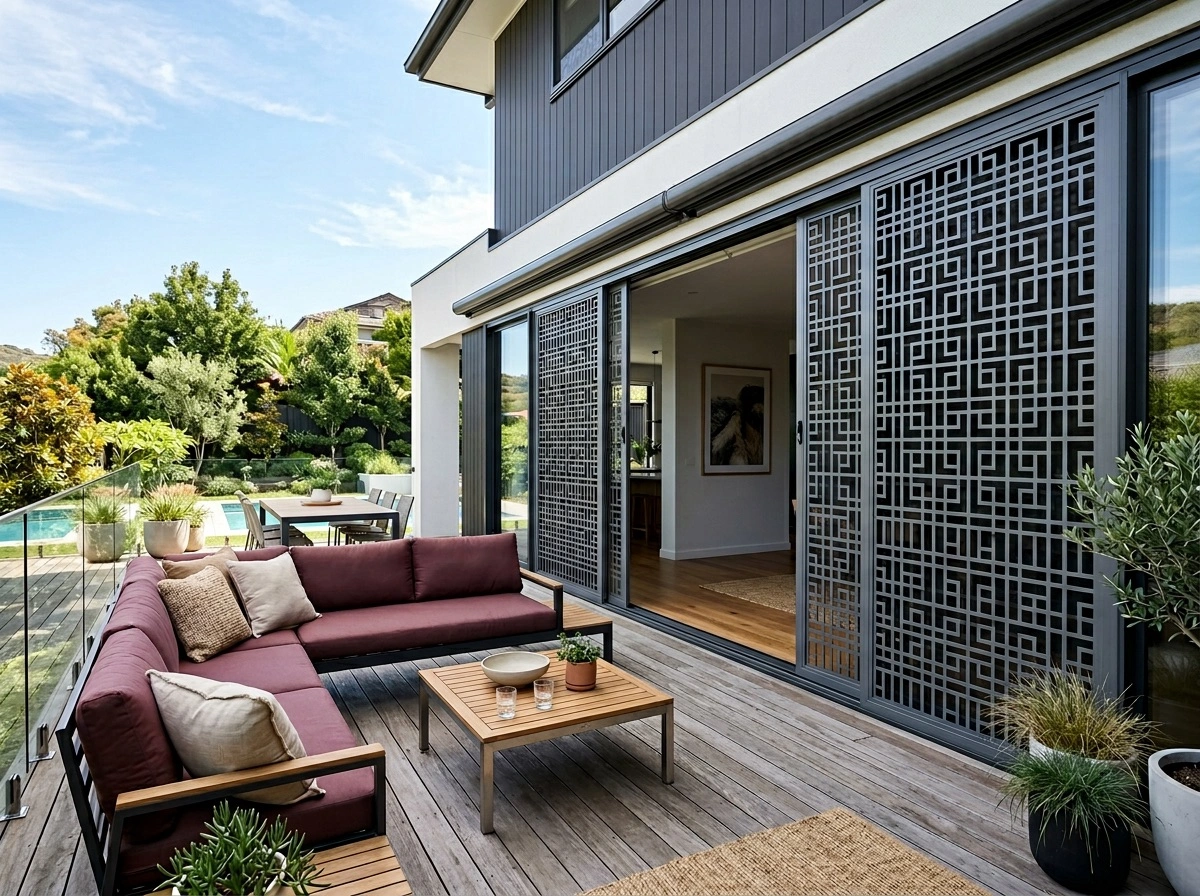 Decorative sliding security doors Melbourne with geometric laser-cut pattern on an alfresco deck overlooking pool and outdoor lounge