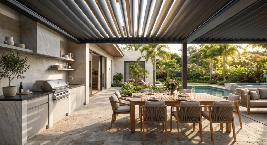 Blinds Curtains Toorak 4 A luxury residential outdoor patio and dining area sheltered by a heavy-duty charcoal grey Lumex opening louver roof system, with aluminum slats tilted to let in afternoon sunlight.