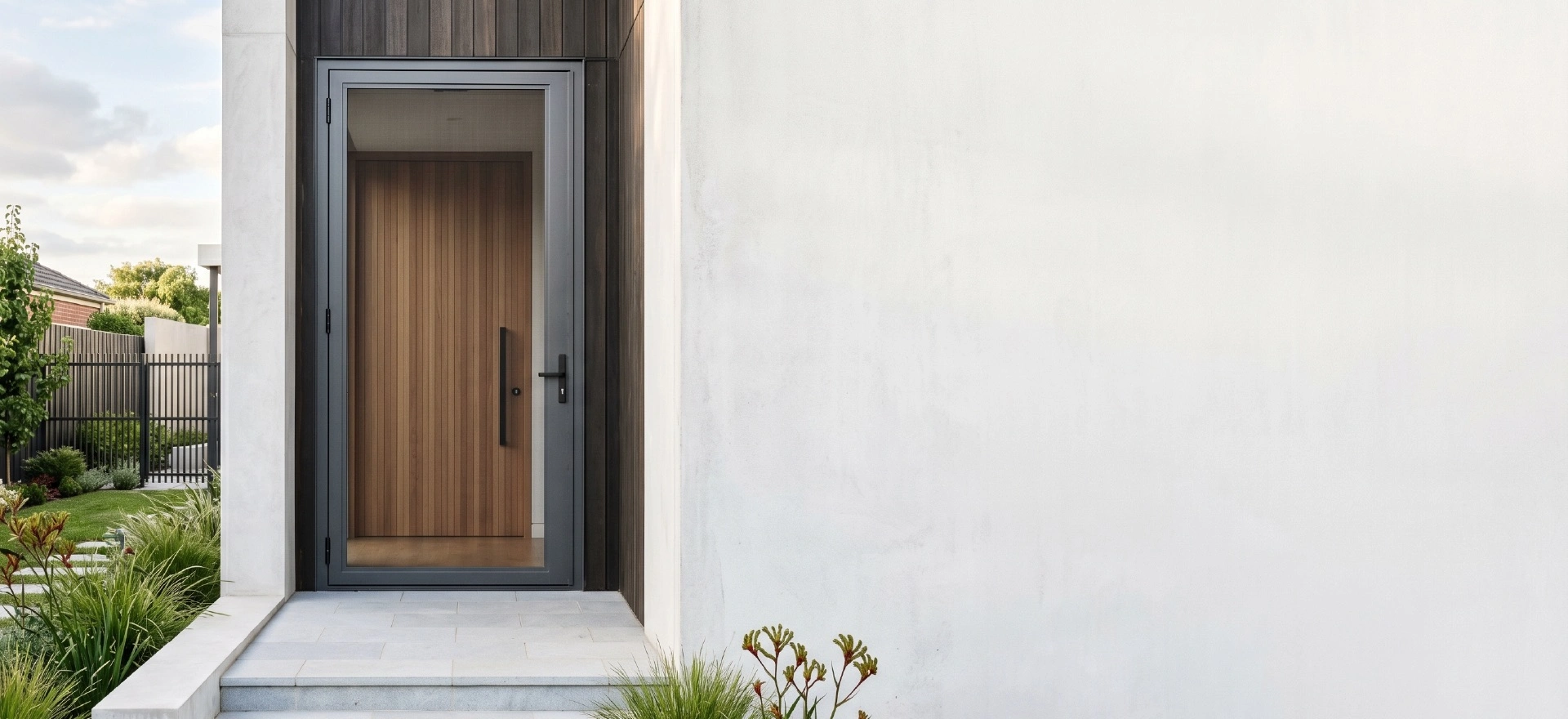 Modern front entry security doors Melbourne with charcoal frame and timber panel detail on a contemporary home with landscaped garden