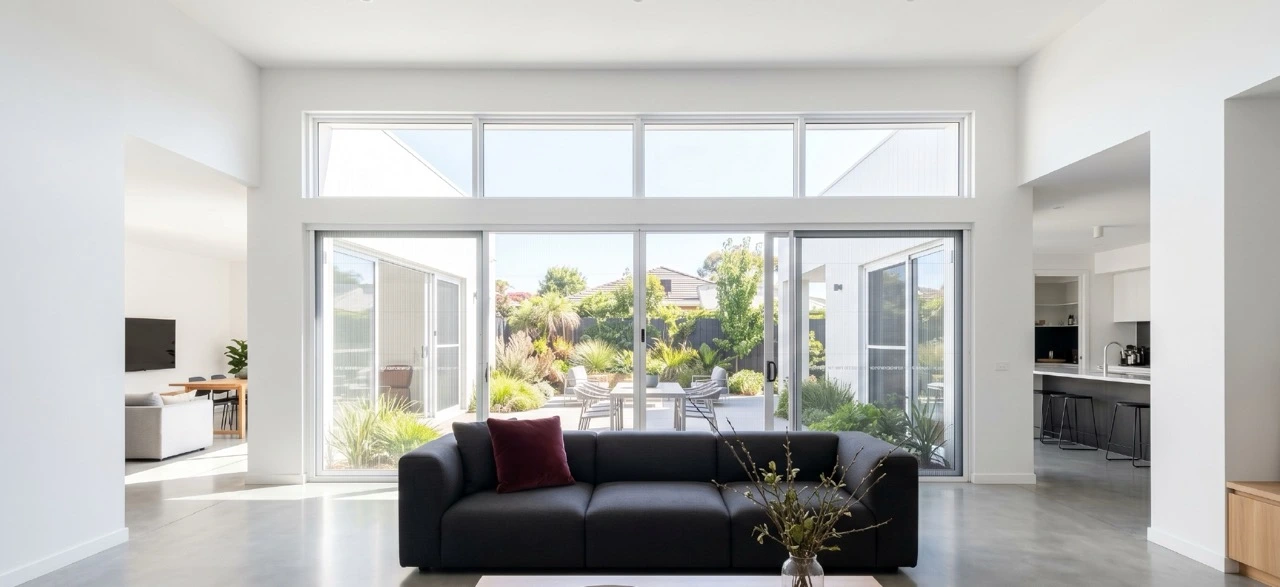 Custom fly screens Melbourne - modern open-plan living room with large sliding glass doors featuring retractable insect screens, seamless indoor-outdoor flow, black sofa with deep maroon cushion, natural garden view
