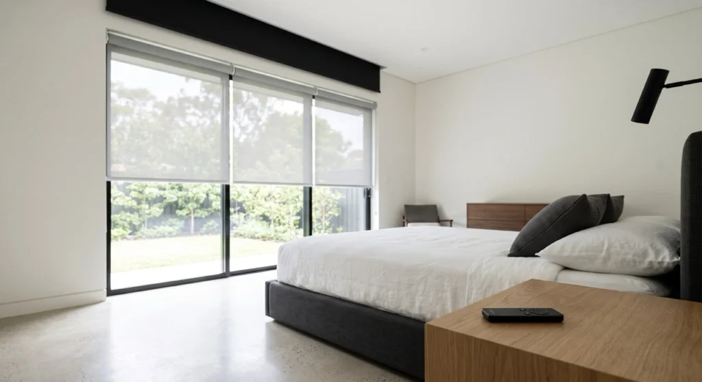 Blinds Curtains Toorak 3 A minimalist modern bedroom window fitted with an automated dual-bracket double roller blind system, showing the light grey solar sunscreen blind lowered and a sleek remote control in the foreground