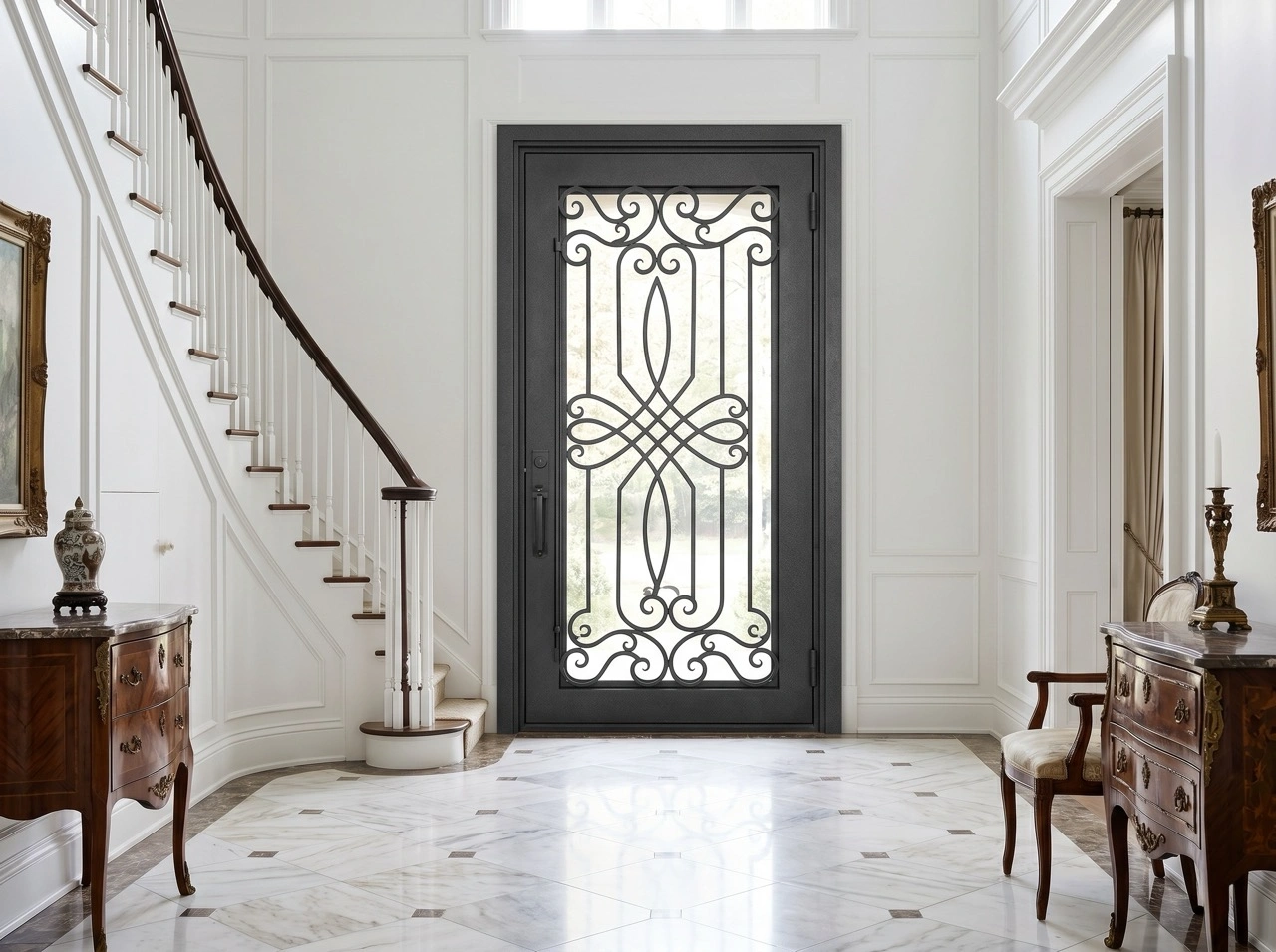 Ornate wrought iron security doors Melbourne with decorative scroll pattern in a grand entryway with marble flooring and curved staircase