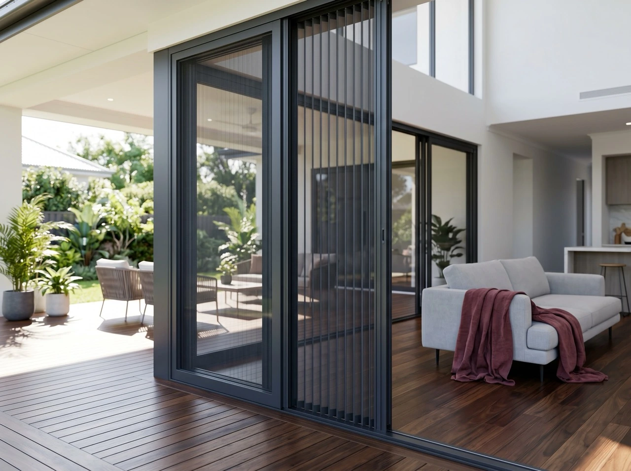 Custom fly screens Melbourne - black pleated retractable fly screen on wide alfresco sliding glass door, modern indoor-outdoor living with timber deck, white sofa, deep maroon throw, and lush garden view