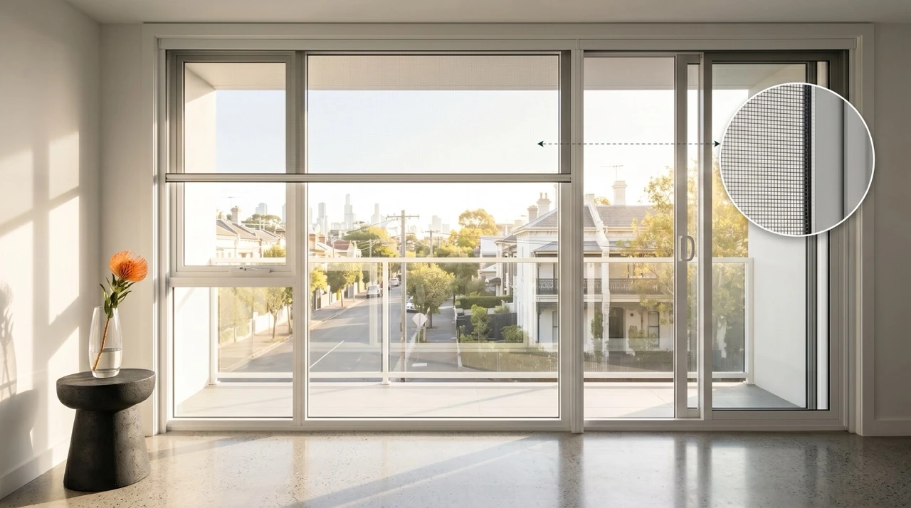 Custom fly screens Melbourne - retractable fly screen installed on modern apartment balcony sliding door, showing mesh detail inset, city skyline view, white interior with orange flower in glass vase