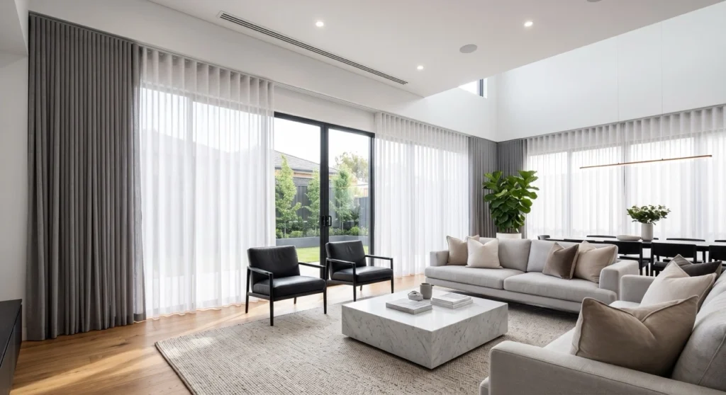 Blinds Curtains Toorak 1 Premium custom blinds and curtains Toorak installation in a luxury modern living room with high ceilings, featuring white linen S-Fold sheer curtains on a ceiling track layered with charcoal grey blockout drapes over massive floor-to-ceiling windows.