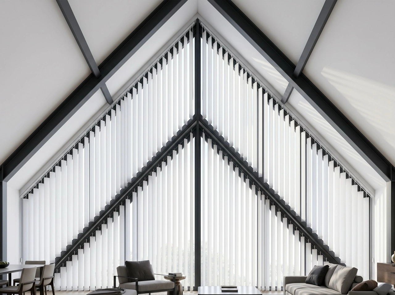 Sloping vertical blinds Melbourne engineered for triangular cathedral windows in a spacious living room with exposed steel beams