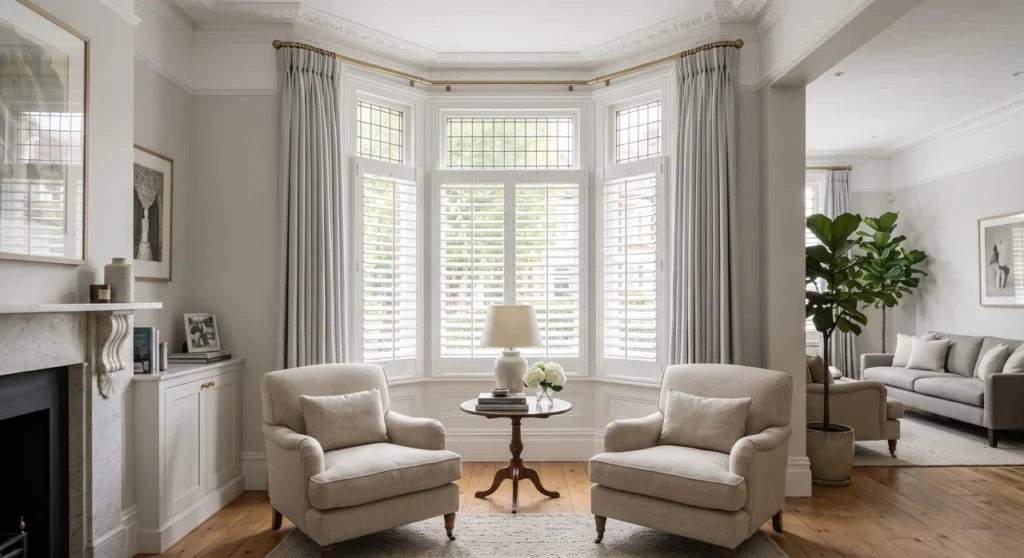 Blinds Curtains Toorak 2 Custom white timber internal plantation shutters fitted perfectly into a classic Edwardian bay window, with wide louvers tilted open to balance daylight and street privacy.