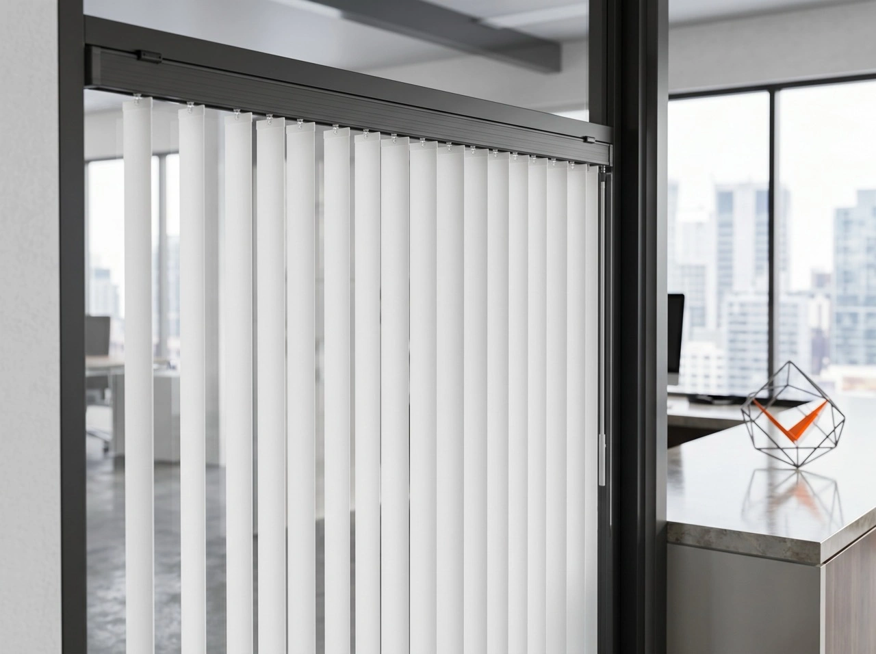 White PVC vertical blinds Melbourne used as a modern office partition with city skyline view and geometric orange decor accent