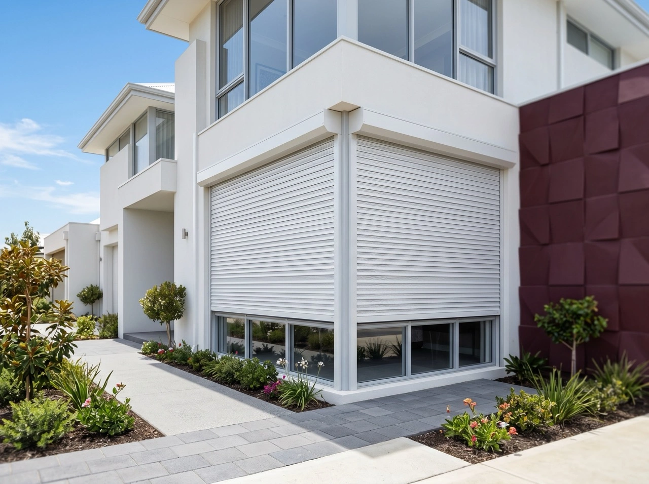 White residential roller shutters Melbourne on a contemporary two-storey home with landscaped garden and burgundy feature wall