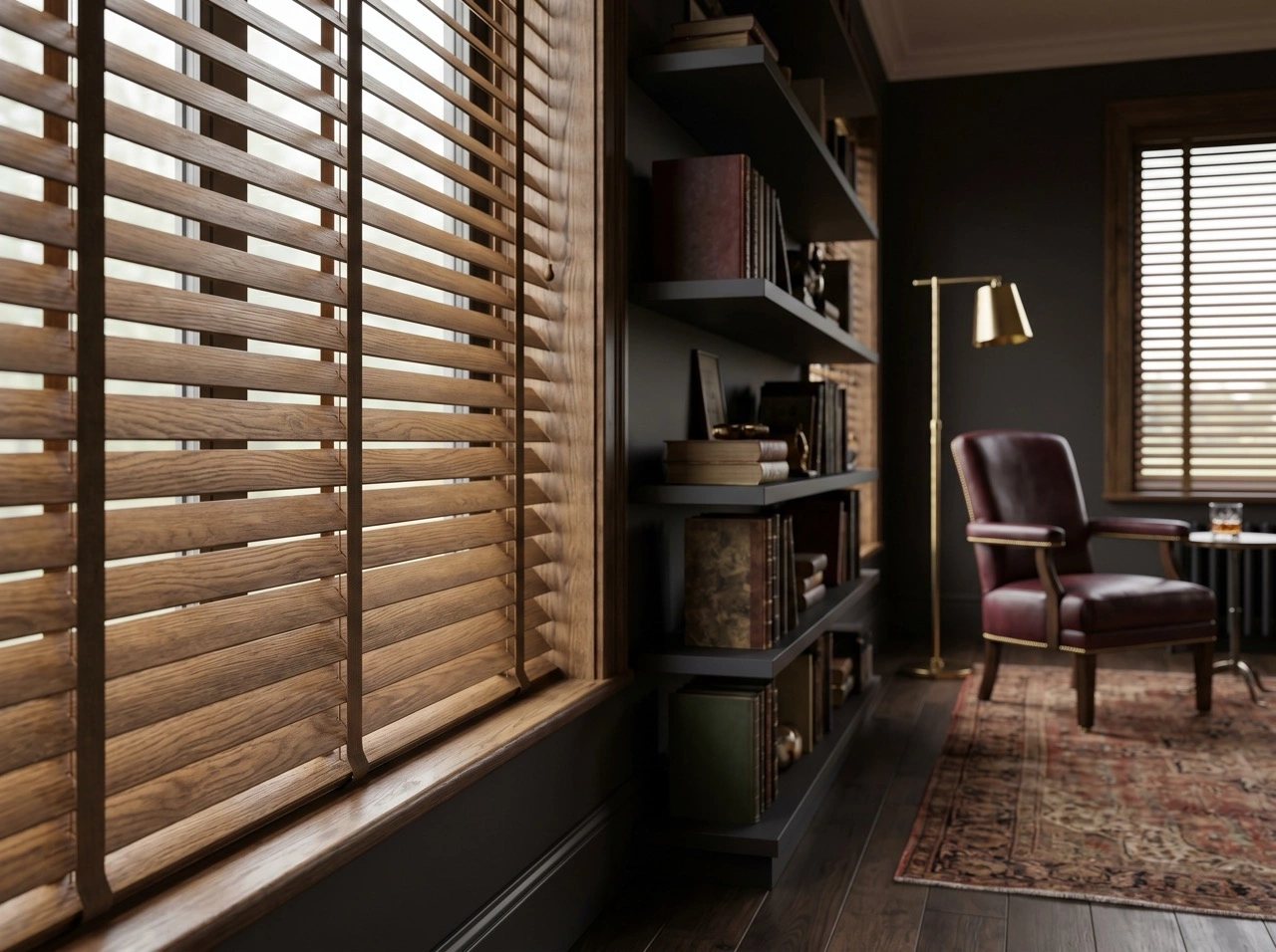 Wide timber venetian blinds Melbourne with 50mm blades in a dark library with built-in shelving, brass floor lamp and Persian rug