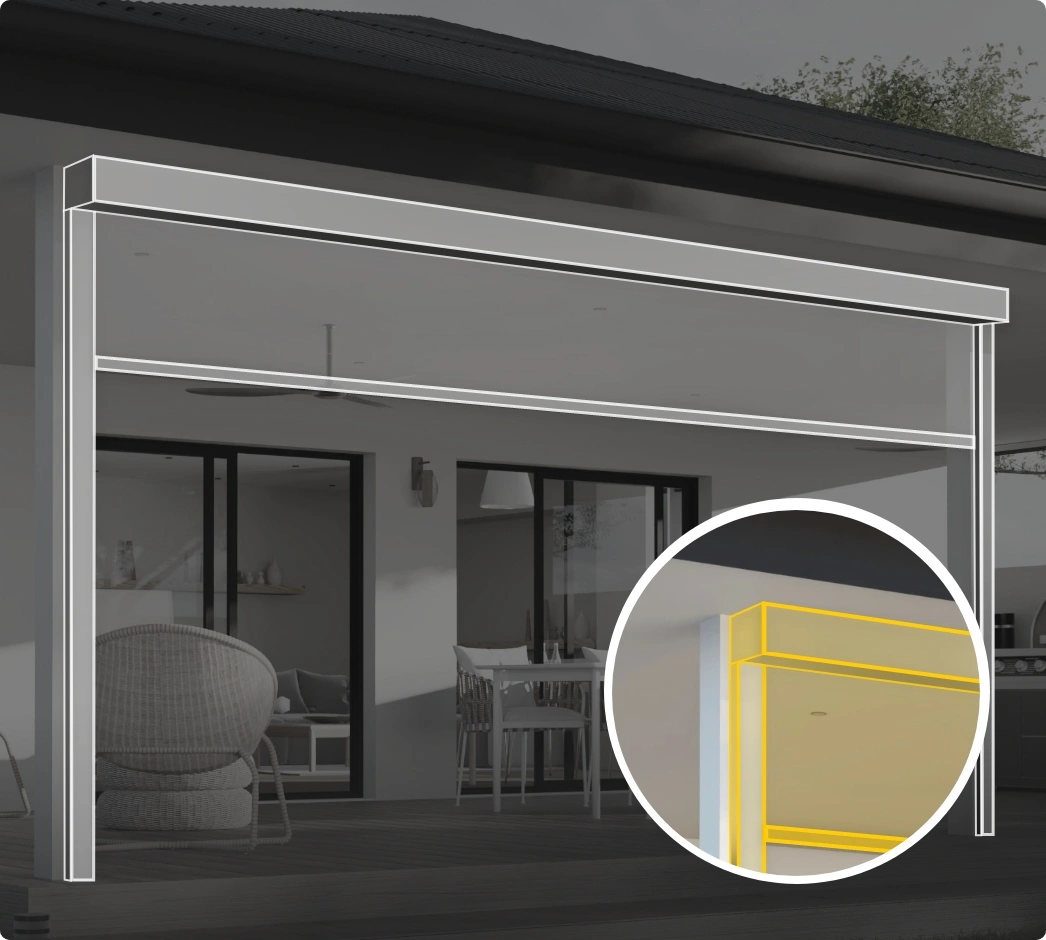 Outdoor blinds Melbourne - Zipscreen face fit installation diagram showing tracks mounted directly onto flat exterior wall surface, ideal for retrofit applications and existing structures, technical mounting guide