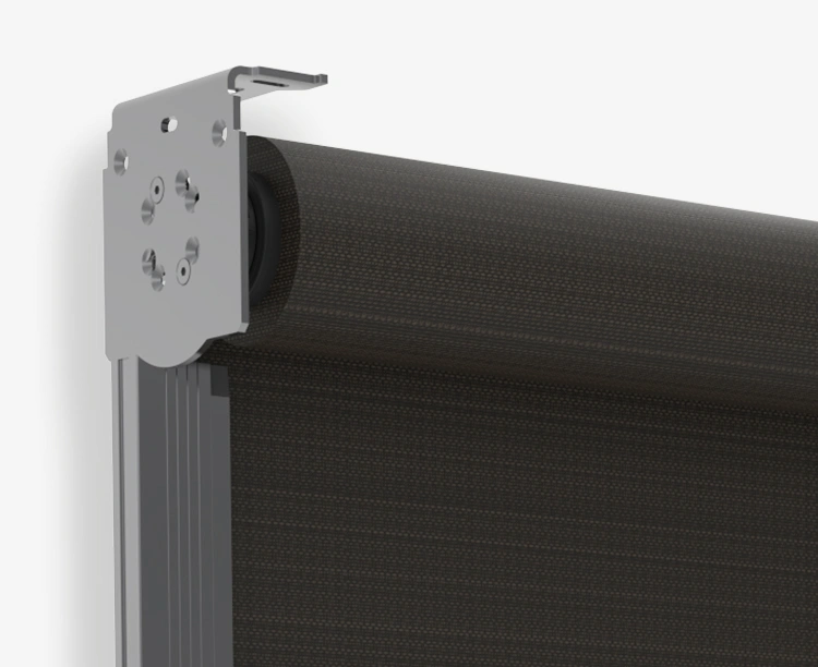 Outdoor blinds Melbourne - Zipscreen open bracket mounting profile showing minimalist industrial style with exposed brackets and fabric roll visible, clean architectural aesthetic for contemporary homes