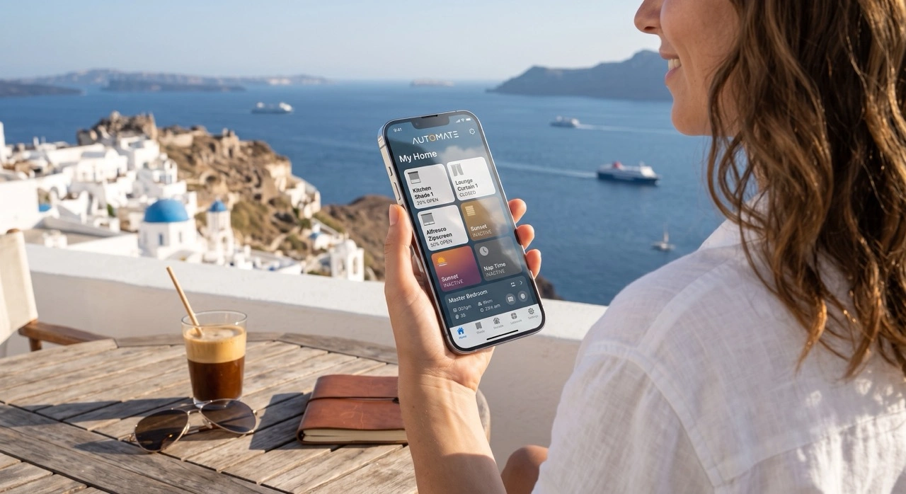 A close-up of a smartphone screen running the Automate Shades App interface next to a woman traveling at an airport, highlighting remote privacy and shade scheduling routines.