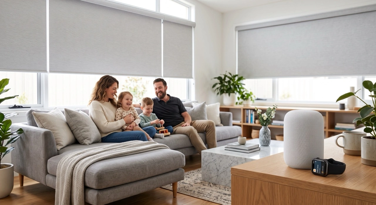 A family relaxing on a living room sofa underneath light grey automated roller blinds, showing smart speaker and Apple Watch integration with the text "Hey Siri... Close the shades".