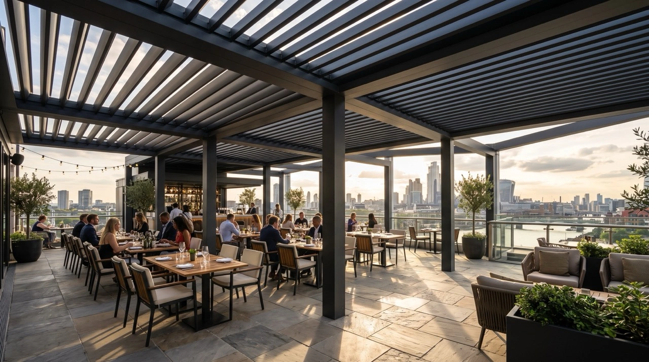 Commercial Spaces 7 An outdoor rooftop restaurant terrace featuring a dark charcoal grey automated aluminum opening louver roof system with slats adjusted to let in sunlight.