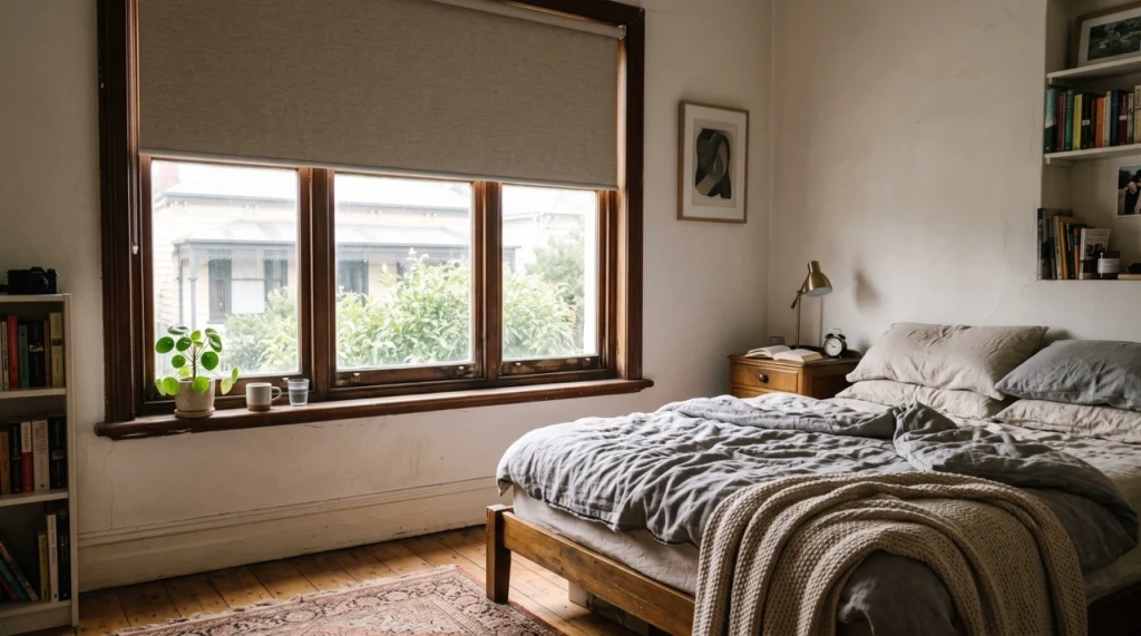 A seamless blockout roller blind partially drawn on a bedroom window, creating a dark, peaceful sleep environment.
