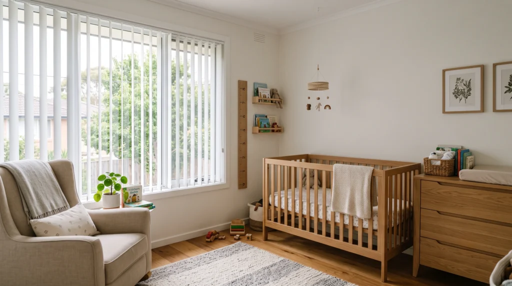 A bright, safe child's bedroom featuring a wooden cot positioned completely away from a window fitted with cordless vertical blinds.