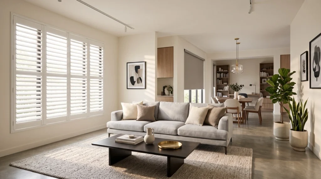 A modern home interior showcasing a strategic mix of premium plantation shutters in the living area and a matching roller blind in a secondary room.
