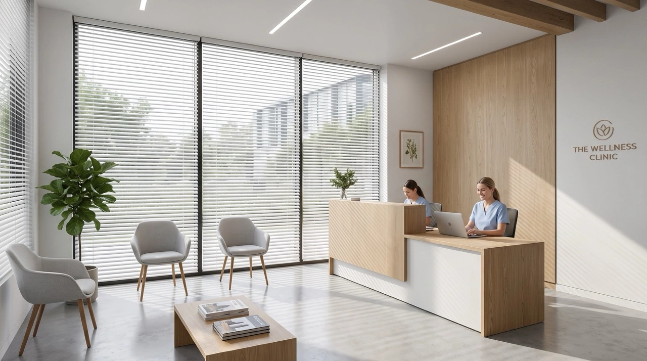 Commercial Spaces 4 A medical clinic reception space featuring matte white horizontal aluminum internal venetian blinds precisely tilted to balance natural daylight and privacy.