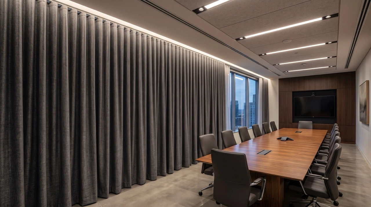 Commercial Spaces 3 A corporate boardroom featuring floor-to-ceiling textured charcoal grey commercial curtains installed in a clean S-fold layout on a heavy-duty tracking system.