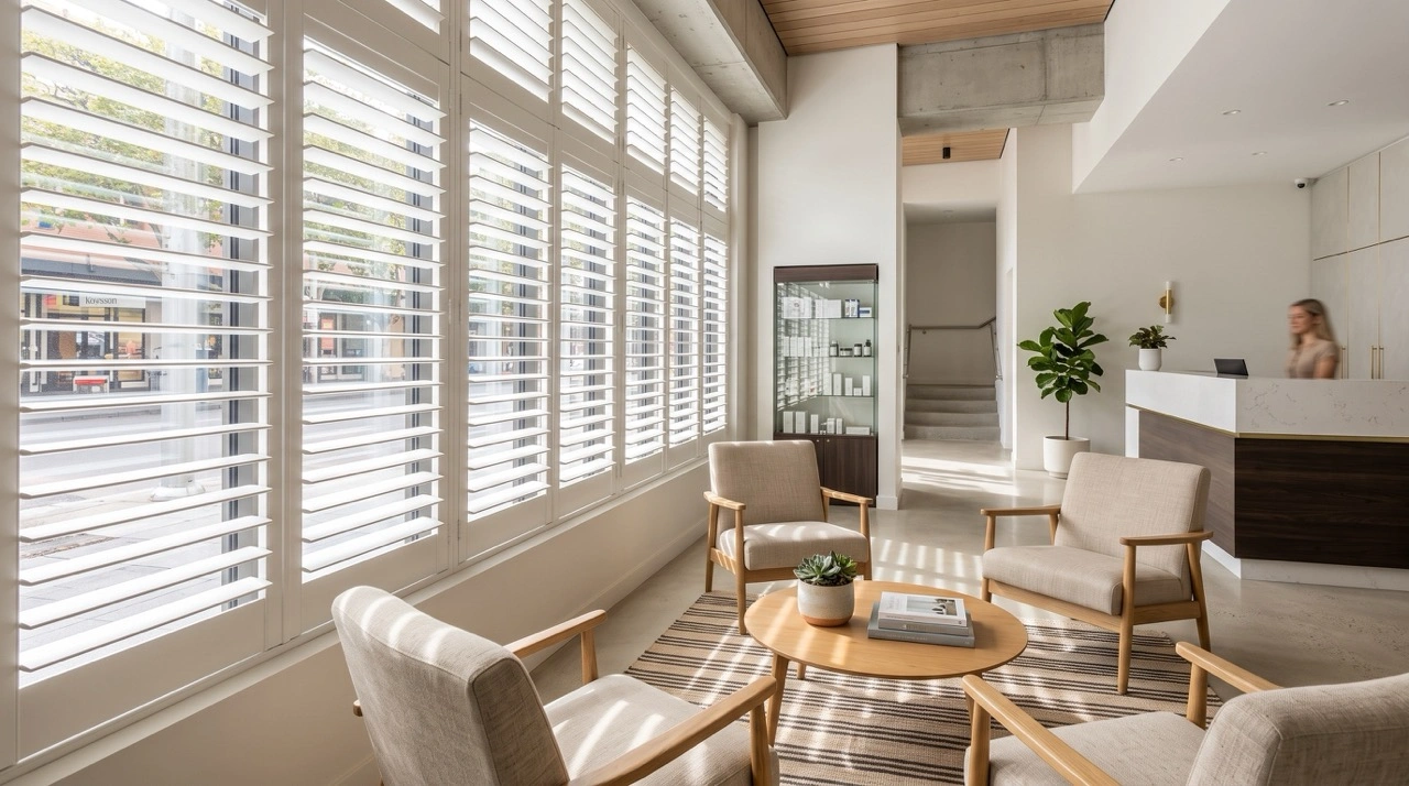 Commercial Spaces 5 Durable white timber internal plantation shutters custom-fitted into large window frames inside a bright commercial hospitality venue seating area.